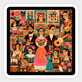 Latin artists, folk fashion, naive frida kahlo looklike woman portrait art Sticker